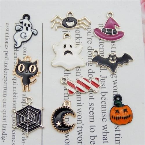 Julie Wang 10PCS/Pairs Enamel Halloween Charms Mixed Alloy Candy Ghost Pumpkin Bat Spider Hat Pendant Jewelry Making Accessory