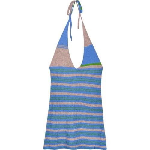 2021 stripe Halter V-neckSexy Backless Mini Dresses Skinny Club Party Sleeveless Knitted Fall Streetwear Beach HolidayDress