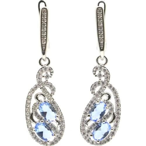 39x11mm Luxury Created Rich Blue Violet Tanzanite White CZ Gift For Sister Silver Earrings