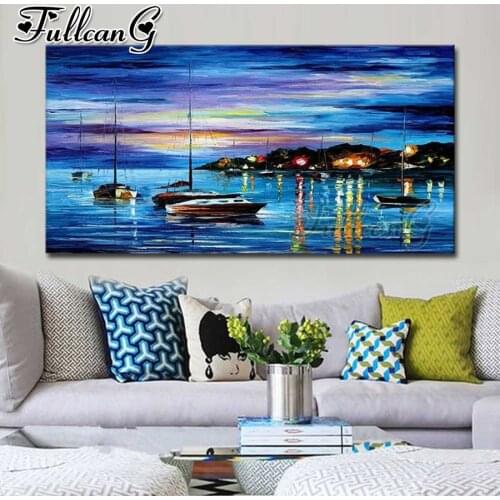 FULLCANG Abstract sea boat landscape large diamond painting 5d diy full square round drill mosaic embroidery sale decor FC3458
