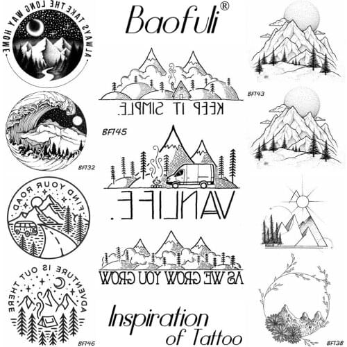 Baofuli Mountain Car Geometric Temporary Tattoo Peak Body Art Tattoo Waterproof Black Fake Tattoos Galaxy Ocean Women Men Hand