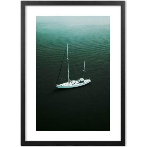 White Sailing Boat Dark Green Sea Water Wall Art Paper Painting Nordic Posters And Prints Wall Pictures Baby Kids Room Decor