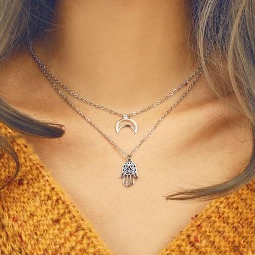Bohemia Vintage Double Layer Moon Buddha Hand Pendant Necklaces for Women Simple Chain Clavicle Necklace Jewelry Kolye YN29