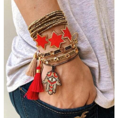 BLUESTAR Women Bracelet Red Star Pulseras Mujer Moda Fatima Hamsa Hand Fashion Handmade MIYUKI Crystal Bead Armband