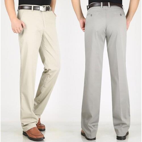 Summer Stretch Thin Ice Silk Cotton Male Solid White High Elastic Straight Mens Trousers Middle-aged Business Casual Pants 42