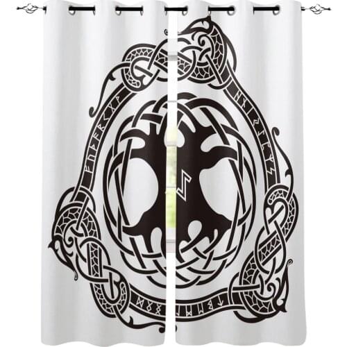 Viking Pattern Black Ancient History Medieval Window Curtains LivingRoom Kitchen Curtains Left and Right Biparting Open