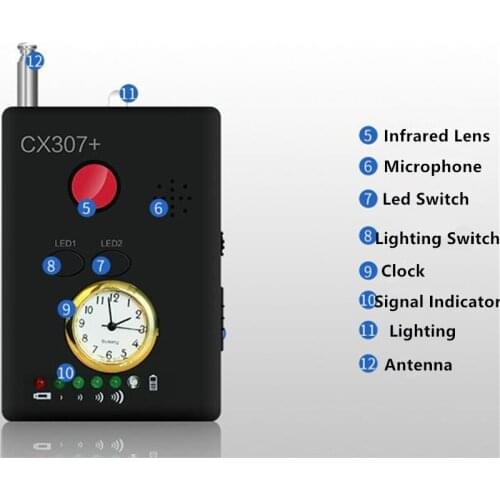 CX307 Multi-Function RF Signal Camera Phone GSM GPS WIFI Bug Spy Detector Built-in Rechargeable with Clock