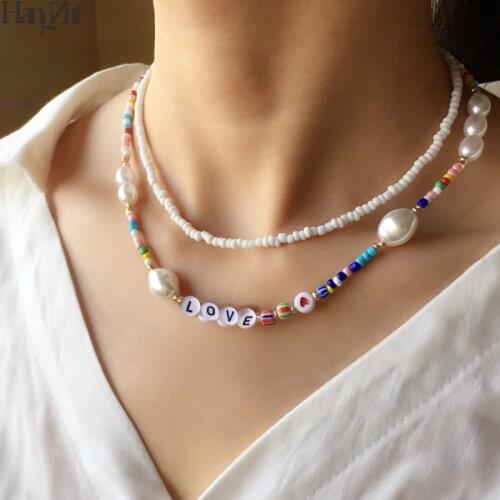 HangZhi 2020 New 2pcs/set Baroque Pearls Geometric Heart Cylinder Wooden Beads Alphabet LOVE Colorful Beaded Collar Necklace
