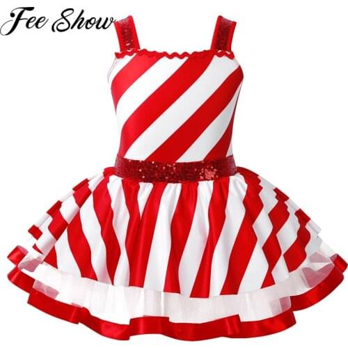 Kids Sleeveless Sequins Striped Dancewear Girls Ballet Tutu Leotard Figure Skating Dress Christmas Lyrical Dance Costume