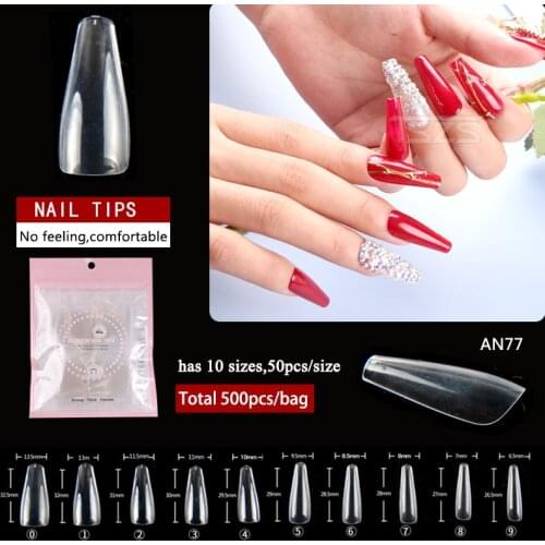 1bag/lot 500pcs 10 size Flat Shape ABS False Fake Nails Full Cover Coffin Nail Long Natural Transparent Ballerinas Nail Tips