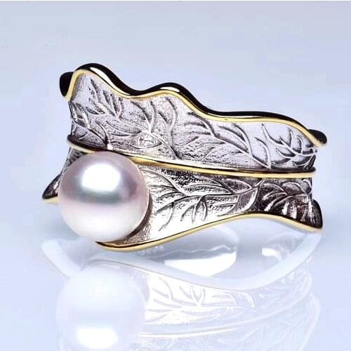 2021 high quality solid thick 925 sterling silver round natural real pearl bead women queen ring open adjustable size hot sell