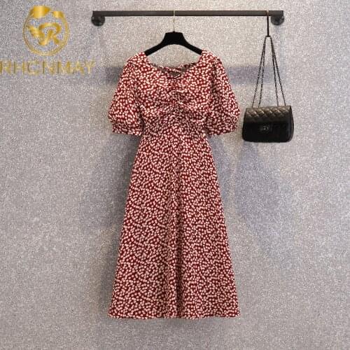 Korea Women Dresses 2021 Summer French Sweet Temperament Female Puff Sleeves V-Neck Waisted Gentle Floral Chiffon Dress Vestido