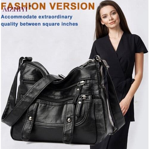 Fashion Women Large Capacity Shoulder Purse Clasp Solid PU Leather Messenger Bag Travel Street Shopping Totes Multi-zipper