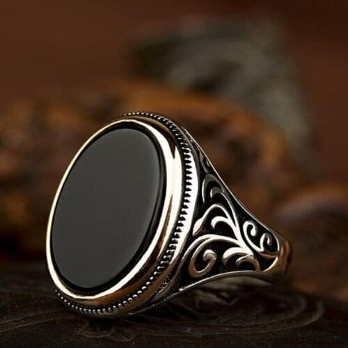 Punkboy Retro Style Mens Ring Craved Pattern Black Egg-shaped Crystal Silver Color Ring for Male Party Jewelry Size 6-13