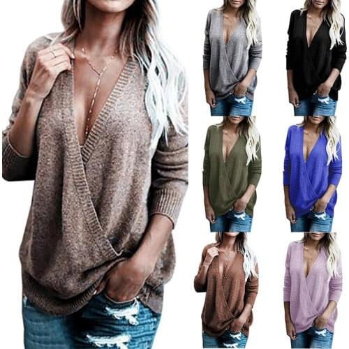 2020 autumn/winter new womens sweater V-neck rabbit velvet stitched cross-knit sweater womens fashion sexy trend womens top