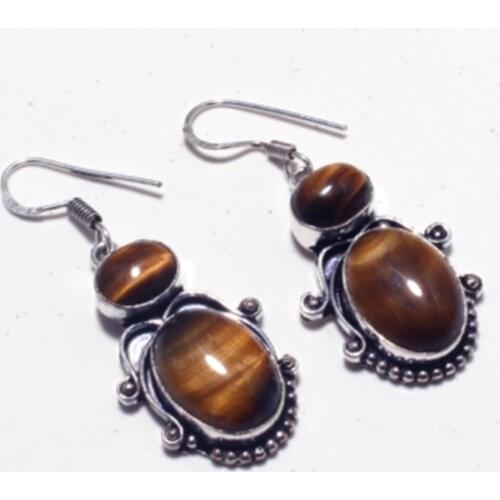 Genuine Tiger Eye Silver Overlay on Copper Earrings Hand made women Jewelry Gift