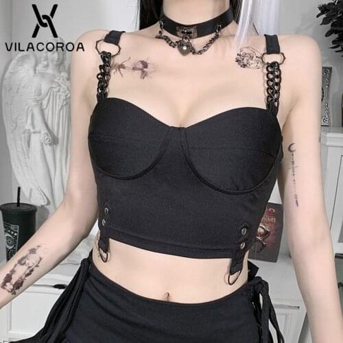 Dark Sexy Corset Bra Tops Women Chain Stitching Black Crop Tops Streetwear Sling Backless Camis Slim Short Camisoles Female