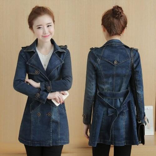 Vintage Plus size Slim Denim Trench Coats Women Double-breasted Casual Long Jeans Spring Autumn Windbreaker Female Outerwear 3XL