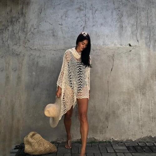 Knitted Beach Cover up Summer Hollow out Half Sleeve Solid Color Woman Party Sexy See Through Swimsuit Bikini Cover up