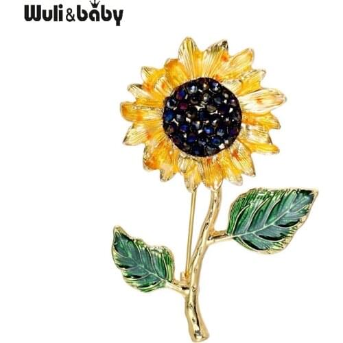 Wuli&baby Enamel Sunflower 2 Leaf Brooch Pins For Women Fashion Jewelry 2021New Plant Brooches Gift