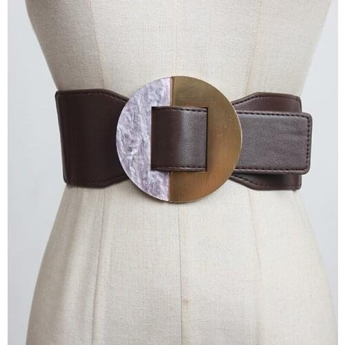 SeeBeautiful Elastic Cloth Stitching PU Wide Belt Waist Seal Round Buckle All Match New Fashion 2020 Autumn Winter Women M260