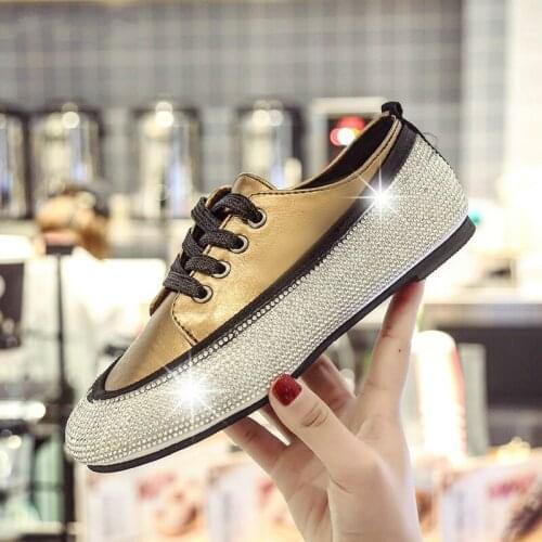 2019 lace-up Fashion shiny crystal women sneakers high quality Vulcanize Female casual Bright cloth flats espadrilles CR-19