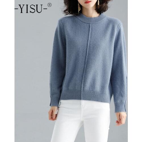 YISU Women wool Sweater Half turtleneck Warm Tops Solid color Long sleeve Jumper Casual Simple Female Thick Knitted pullover