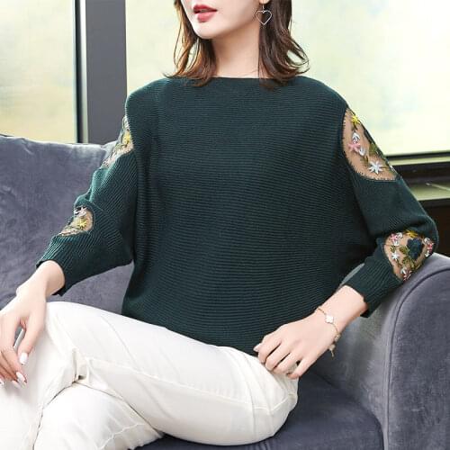 Bat Sleeve Round Neck Stitching Sweater Female Plus Size Lace Retro Ethnic Style Long Sleeve Bottoming Sweater Women Spring 2021