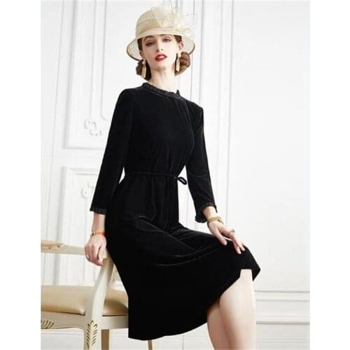 New 2020 Womens A-Line Velvet Dress Wrist Sleeve Office Lady Elegant Midi Dresses Autumn Party Vestidos Plus Size M-6XL
