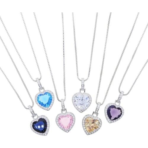 Blue Pink White Colorful Cubic Zirconia Heart Pendant Necklace For Women Hiphop Iced Out Bling CZ Fashion Box Chain Jewelry
