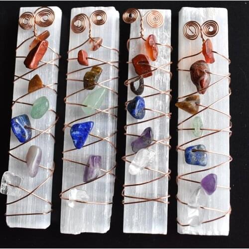 7 Chakra Healing Crystals Stones Beads Wire Wrapped Raw Selenite Stick Wand for Yoga Meditation,Spiritual,Reiki Balancing 4pcs
