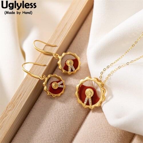 Uglyless Creative Clocks Jewelry Sets for Women Natural Agate Earrings Pendants Necklaces +Chains 925 Silver Brincos Bijoux Gold