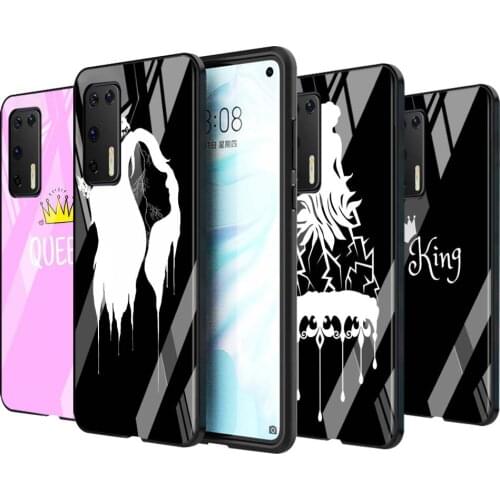 Tempered Glass Cover Shell Luxury King Queen Couple Lover For Huawei P40 P30 P20 P10 Pro Plus Lite 5G 2019 Phone Case