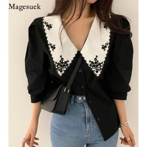 Elegant White Floral Embroidery Women Shirts Vintage Blusas Mujer De Moda 2021 Korean Chic Puff Sleeve Blouse Clothes Tops 14223