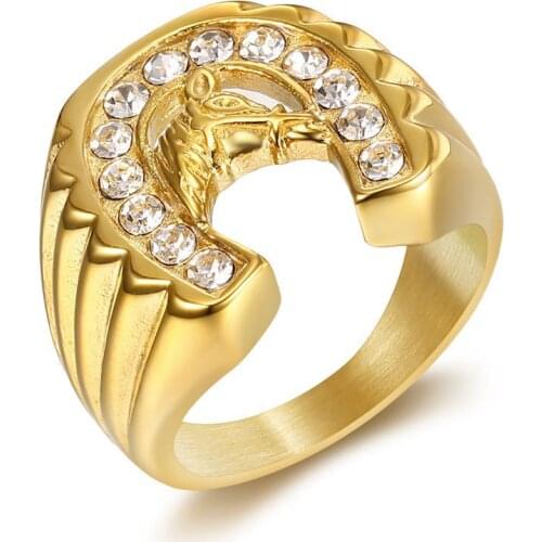 Hip Hop gold color Iced Out CZ Pave Bling Animal Horse Ring 316L Stainless Steel Horse Racing Lucky Rings for Men Jewelry