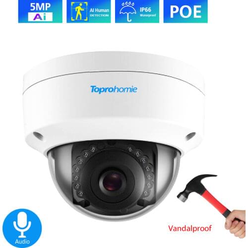 TOPROHOMIE H.265 5MP HD 48V POE IP Camera IP66 Vandalproof In/Outdoor Dome security onvif ip camera Audio Record Sound Camera