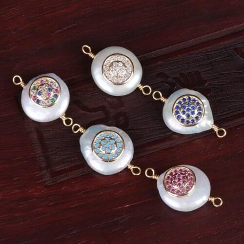 Micro pave multi color cz tiny gold round disc coin charm freshwater pearl connector bead charm for bracelet earring jewelry DIY