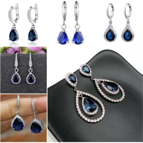 Fashion Water Drop Dark Blue Stone Dangle Earrings For Women Exquisite With White Zirconia Earrings For Female Wedding Band Gift