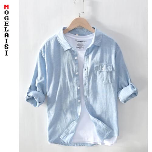 New casual blue shirt men linen cotton Breathable tops high quality soft long sleeve solid shirts for man clothing TB730