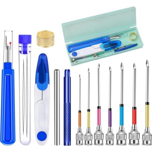 MIUSIE 16Pcs Embroidery Punch Needle Kit Seam Ripper Scissors Threader Thimble Pipe Cross Stitch Craft Sewing Accessory Supplies