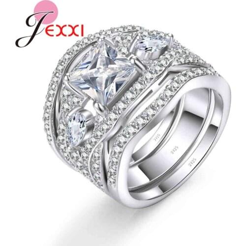 3PCS Finger Rings Sets For Bridal Wedding Accessories Filled White Crystals Genuine 925 Sterling Silver Women Anel
