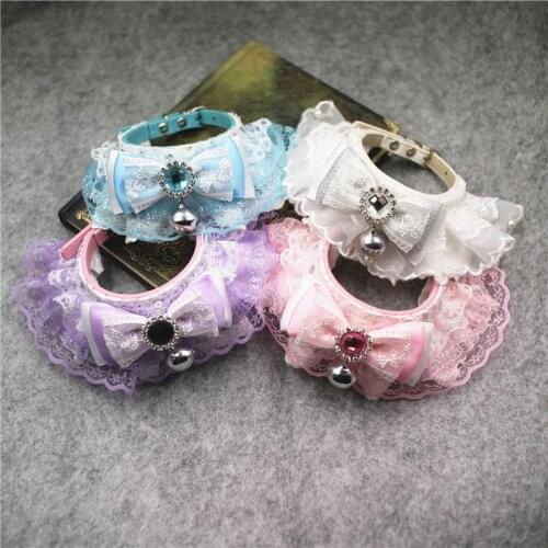 Handmade Adorable Adjustable Leather Dog Collar Pet Accessories 4 Colors Lace Gem Bell Bow Knot Small Cats Puppy Poodle Maltese