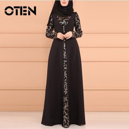 OTEN Plus Size Muslim Women Dresses Abayas Casual Patchwork Button O-Neck Printed Islamic Clothing Elegant Female Robe Vintage