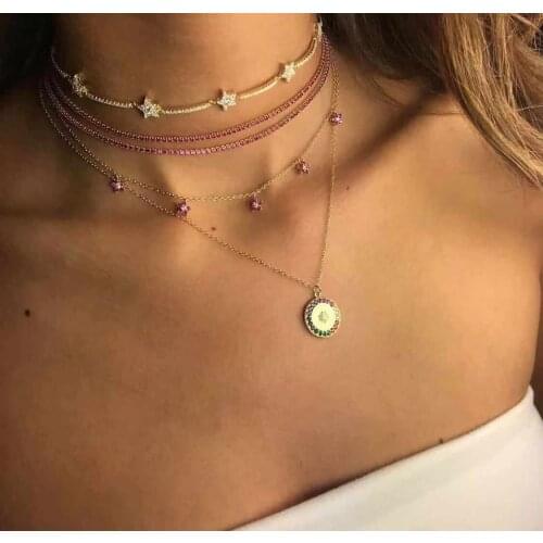 New round charm rainbow cz white fire opal stone starburst Round signet pendant necklace simple geometric fashion jewelry