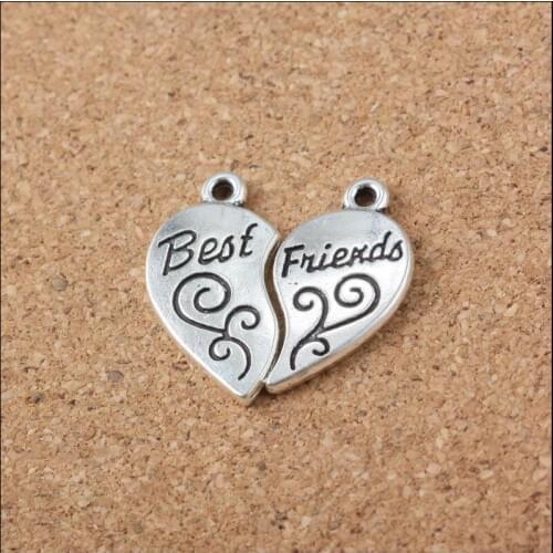 High Quality 5 Sets/Lot 24MM*24MM Antique Silver Color Heart Shaped Best Friend Charm Heart Charm Pendant For Jewelry Making