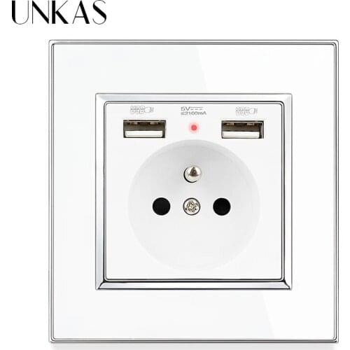 UNKAS Luxury Mirror Acrylic Panel 86mm * 86mm French Wall Power Socket + Dual USB Port Grounded 16A Hidden Soft LED Indicator