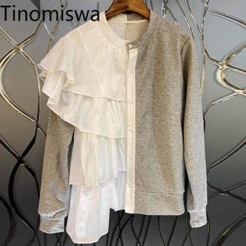 Tinomiswa Fake Two Piece Sweatshirts Women Ruffles Contrast Color Patchwork O Neck Hoodies Casual All-match Long Sleeve Jackets