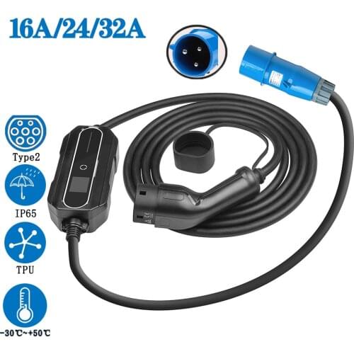 EV Charger Type 2 32 Amp for Portable Electric Vehicle, CEE Plug 220V-240V Car Charging Cable, IEC 62196-2