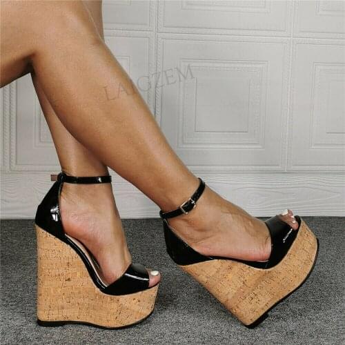 SEIIHEM Women Platform Sandals Shiny Black Peep Toe Ankle Straps Pumps Height Increase Ladies Shoes Women Large Size 41 44 48 52