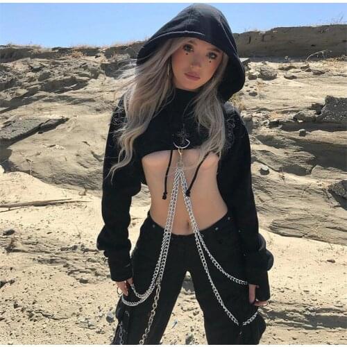 Female Crop Top Hoodie with Chain for Autumn 2021 Sexy Punk Long Sleeve Solid Color Streetwear Loose Women Black Gothic Clothes